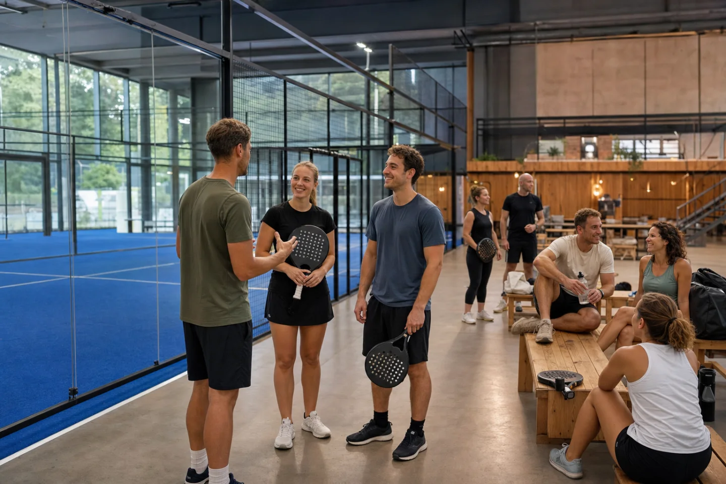 Visualisierung einer offenen Padel-Community neben einem modernen Indoor-Court